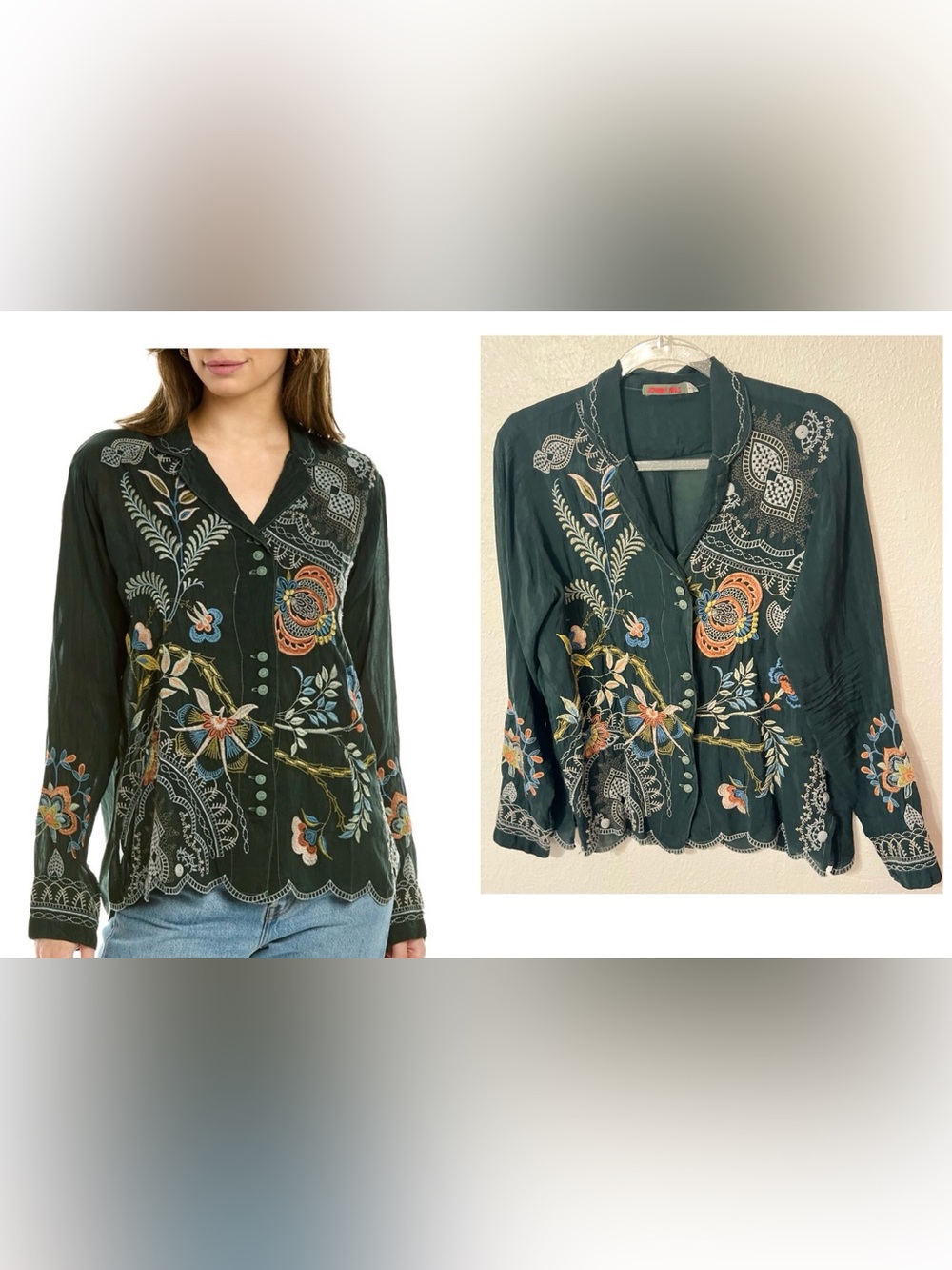 Johnny Was Forest Green Embroidered Floral Button-Front Shirt